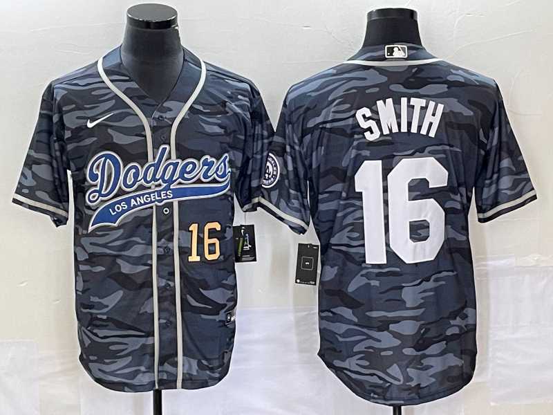 Mens Los Angeles Dodgers #16 Will Smith Number Gray Camo Cool Base With Patch Stitched Baseball Jersey
